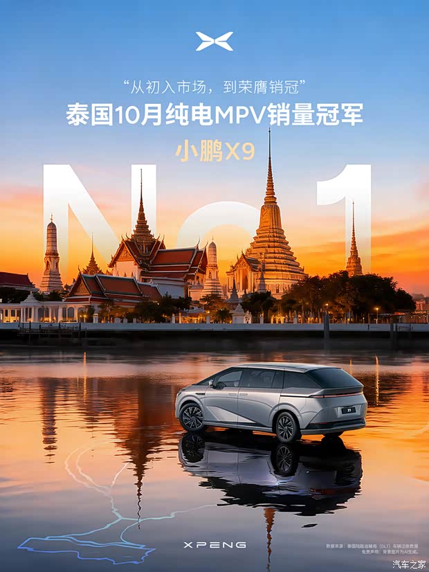 小鹏X9位居泰国10月纯电MPV销量&泰国三季度纯电MPV上牌量榜首!